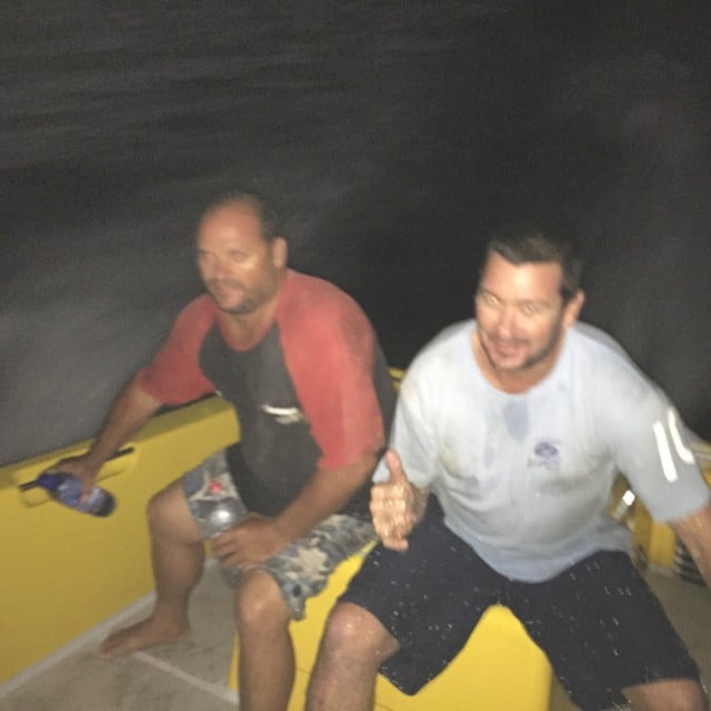 The two lucky fishermen - Brett McMahon and Glenn Deas - after being picked up by the Ballina Jet Rescue Boat this morning. (Supplied)