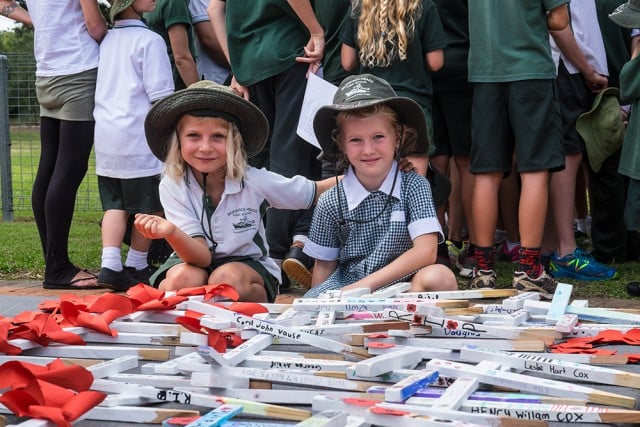 Brunswick Primary, K1/2 students Willow Fitzgibbon and Frankie Haberfield with some of the crosses the school has decorated.