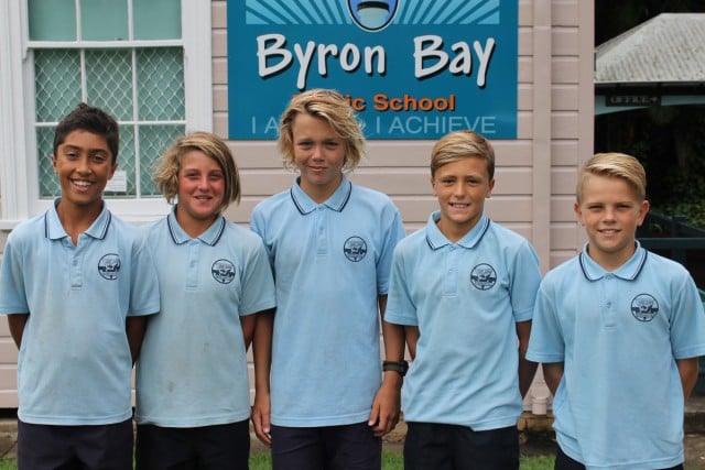 Byron Bay school AFL reps Keshava Raju, Seth Carter, Diesel Drury, Finn Reece, and Kolbi Wood.