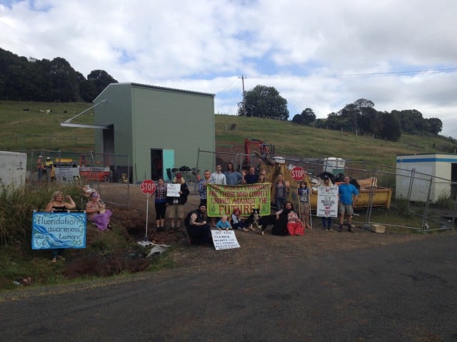 Protestors at the entrance of the fluoride dosing plant at Corndale, which has been shut down on a number of occasions after leaks were discovered. (Pic supplied)