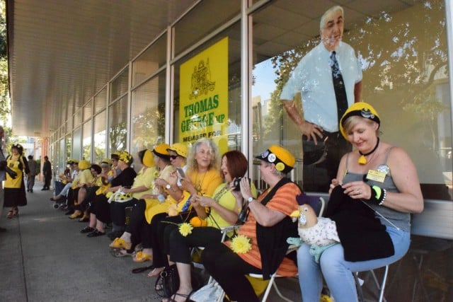 More than two dozen Nannas held a knit-in outside Lismore MP Thomas George's office. 
