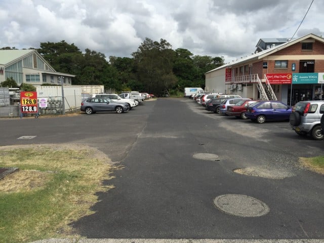 Byron’s bypass is planned to pop out here, through wetlands. Council’s initial plans have withdrawn parking provisions to almost all businesses. 