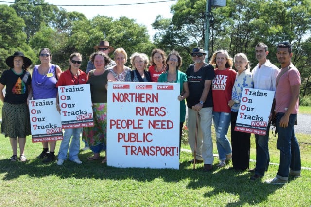 Members of Trains On Our Tracks and the Northern Rivers Railway Action Group at a protest at the Casino airport. (file pic)