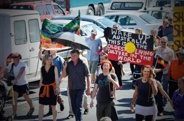 Protesters against the forced closure of Aboriginal communities march in Lismore on March 19.