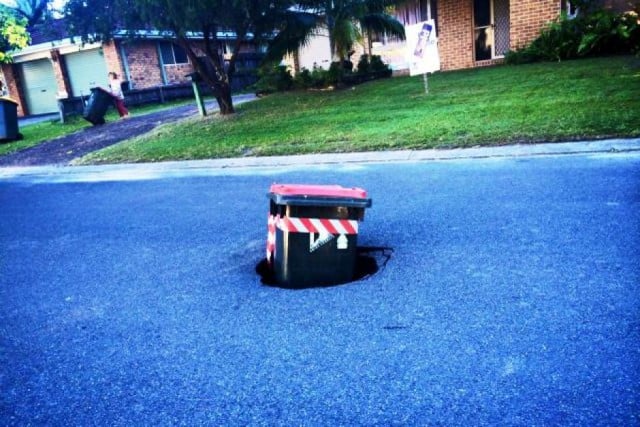 Massive, spontaneous potholes like this one are a common occurrence in Byron Bay's Sunrise. Some residents claim they are sinkholes. Photo supplied