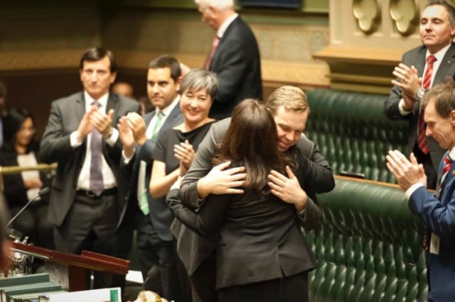 Tamara Smith is congratulated by her parliamentary colleagues following her inaugural speech. Photo: Max Phillips