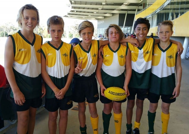 The local AFL cohort  – Diesel Drury, Marlin Corbett,  Finn Reece, Seth Carter, Kesheva Raju and Kolbi Wood after their great show at the PSSA.