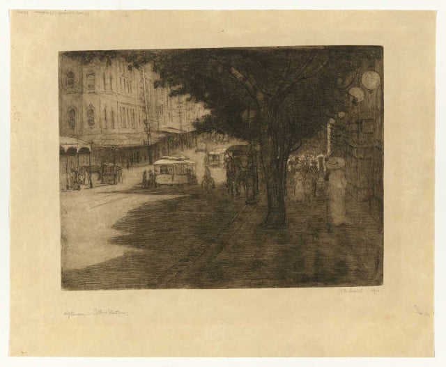  Jessie Traill; Afternoon in Collins Street; 1911; etching and aquatint, printed in black ink, from one plate; plate-mark 28.2 x 38.0cm. National Gallery of Australia, Canberra. Purchased 2006. © Estate of Jessie Traill 