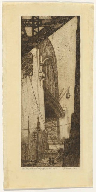 Jessie Traill; Building the Harbour Bridge VI: Nearly complete, June 1931; 1931; etching, printed in black ink with plate-tone, from one plate; plate-mark 37.6 x 14.8cm. National Gallery of Australia, Canberra. Purchased 1979. © Estate of Jessie Traill