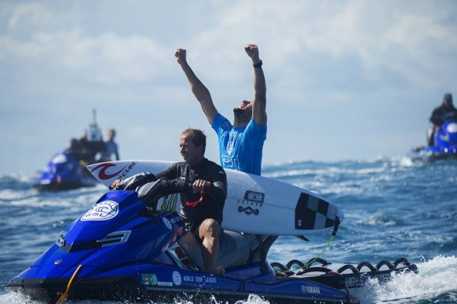 Lennox Head pro surfer Owen Wright celebrates hos win after scoring two perfect 10s in the Fiji Pro. Photo wsl