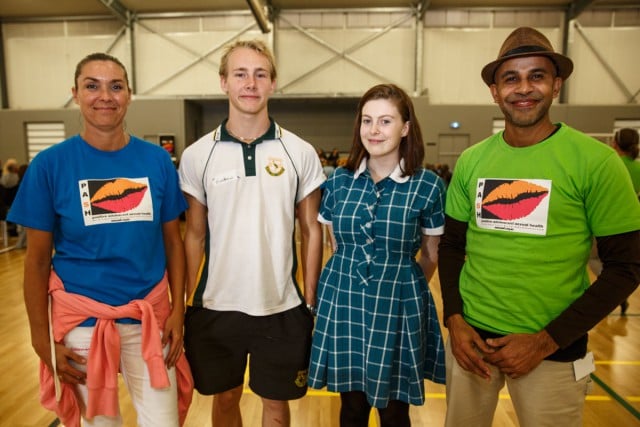 PASH's Sammy Westall, year 11 students Matthew from Kyogle High School and Maeme from Byron High with Franklin John-Leader at yesterday's final event in Byron Bay. Photo Eve Jeffery.