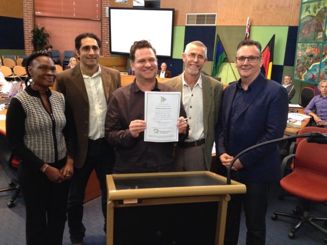 L to R: Former refugee from Sierra Leone Sarah, North Coast Settlement Service support worker Leandro Mendes, Byron Shire mayor Simon Richardson, Sanctuary Northern Rivers Inc president Michael Douglas and Byron Shire Cr Paul Spooner at Tuesday's signing of the Refugee Welcome Zone Declaration. Photo Chris Dobney