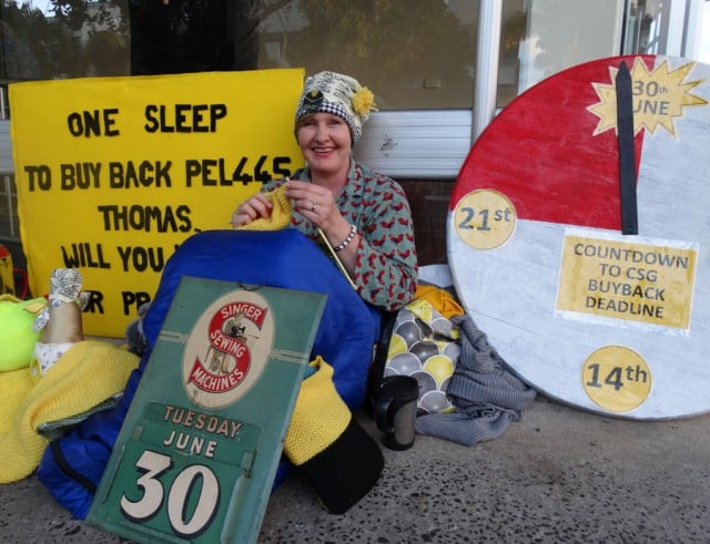 Knitting Nanna Louise Somerville counts down to midnight at Lismore MP Thomas George's office on June 30, marking the end of the government's CSG buyback scheme with no northern rivers PELs purchased. Photo supplied