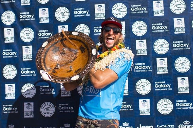 Lennox Head pro surfer Owen Wright is all smiles after winning the Fiji Pro yesterday, making history in the process with two perfect 10 scores. Photo WSL