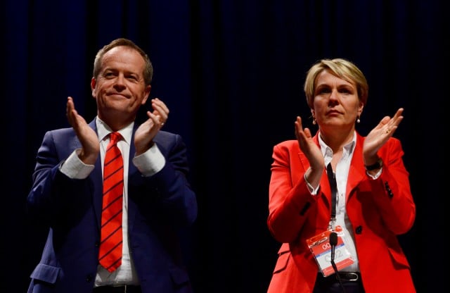 Opposition leader Bill Shorten (left) his deputy Tanya Plibersek (right) during the 2015 ALP National Conference at the Melbourne Convention Centre on Sunday ( July 26).  Photo AP Image/Tracey Nearmy