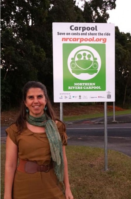 Byron Shire Council's sustainability officer Sandi Middleton, with the new carpool signs. Photo supplied 