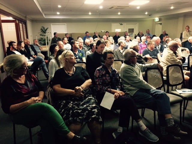 A section of the large crowd of business and shop owners at this week's public meeting in Murwillumbah which opposed a new Woolworths supermarket. Photo supplied