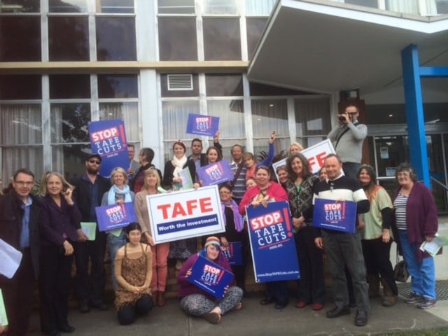 Staff and students rallying outside the Lismore campus of TAFE yesterday. (supplied)