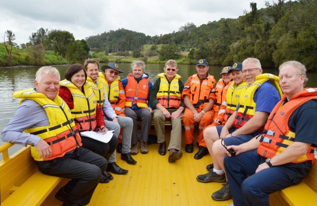Checking out the new Masters flood channel yesterday were (l-r) Richmond River County Council general manager Kyme Lavelle, Lismore City Council strategic planning coordinator Paul Newman, Masters area manager Craig Woodbury, Lismore SES unit controller Lindsay Matterson, Office of Environment and Heritage senior floodplain officer Phil Buchanan, Floodplain Management Committee chairperson councillor Simon Clough, SES members Neville Graham, Melinda Mapstone and Kara Pendergast, Masters Lismore store manager Greg McMahon and Floodplain Management Committee member Severino Da Roit. (supplied)