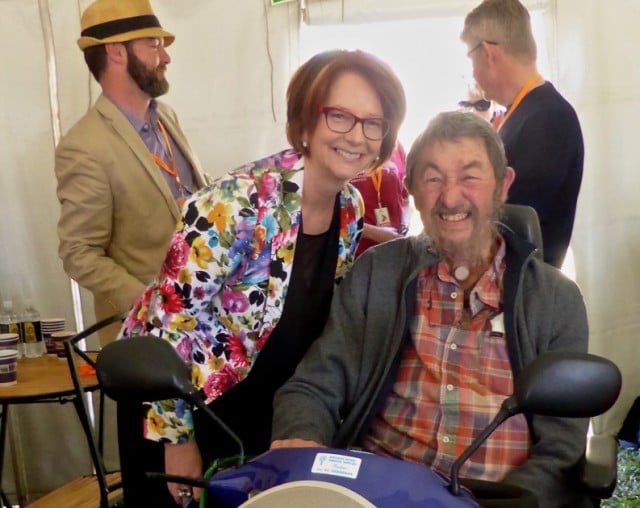 Mungo MacCallum with Julia Gillard at the 2015 Byron Bay Writers Festival. Photo supplied