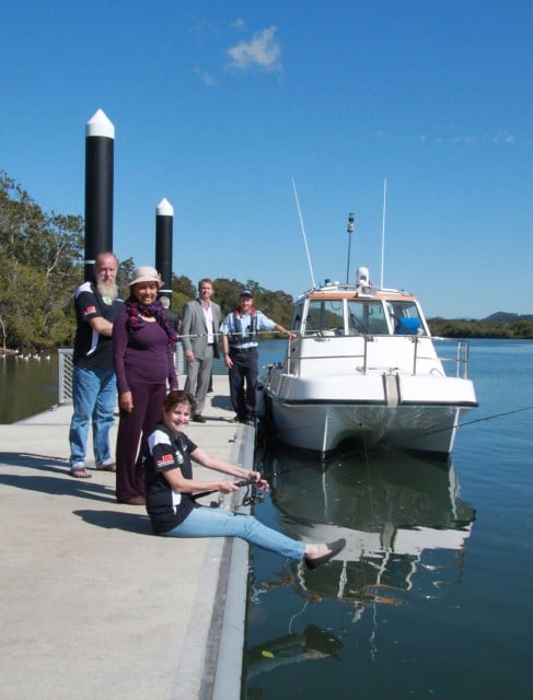 Celebrating the pontoon opening (foreground from left) Taphouse Group general manager Angus Southwell, Chinderah Tavern Social Fishing Club president Jack Gleeson, Tweed mayor Gary Bagnall, Tweed MP Geoff Provest, Chinderah and District Residents Association president Felicia Cecil and Roads and Maritime Services manager operations north, Rod McDonagh.