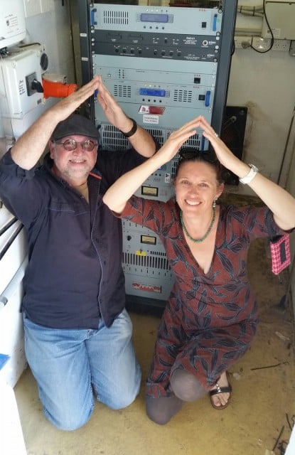 Bay FM facilities manager Rudiger Wasser and Watts Up! Project Manager Nicky Fisher celebrate the installation of the new equipment. Photo contributed