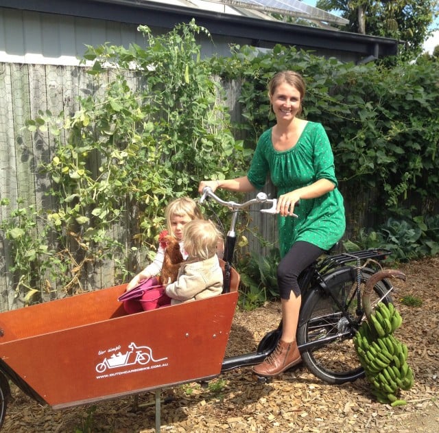 Mullumbimby sustainable home owner takes kids for a spin on her 'cargo bike'. Photo contributed