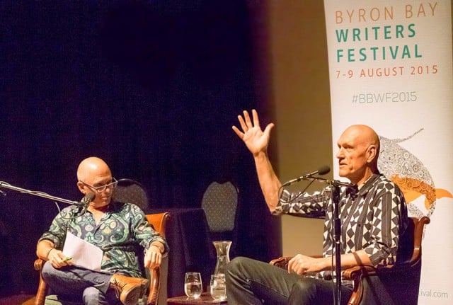 David Leser interviews Peter Garrett about his newly released memoir, Big Blue Sky, at the Byron Writers Centre last night. Photo Jeff Dawson.       