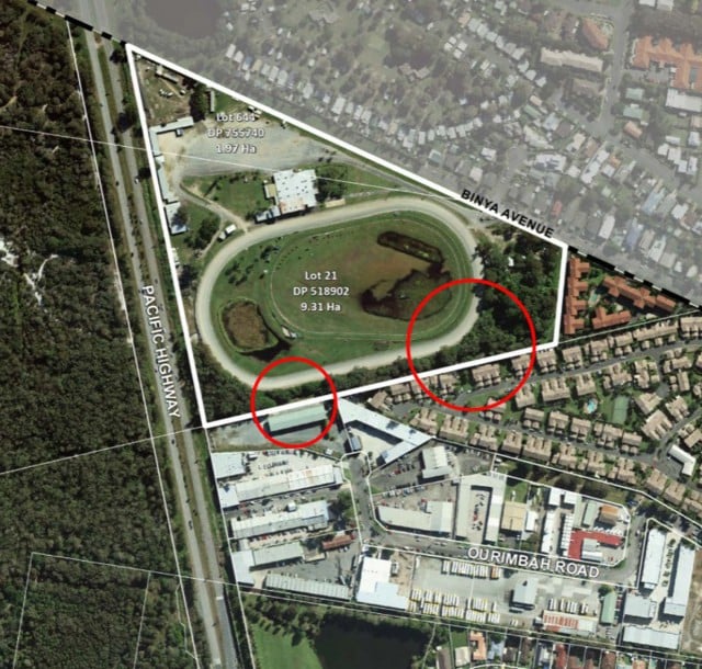 A 2012 aerial photograph of the Border Park site showing two areas of freshwater wetland within the dog track encircled in red. Image Tweed Shire Council