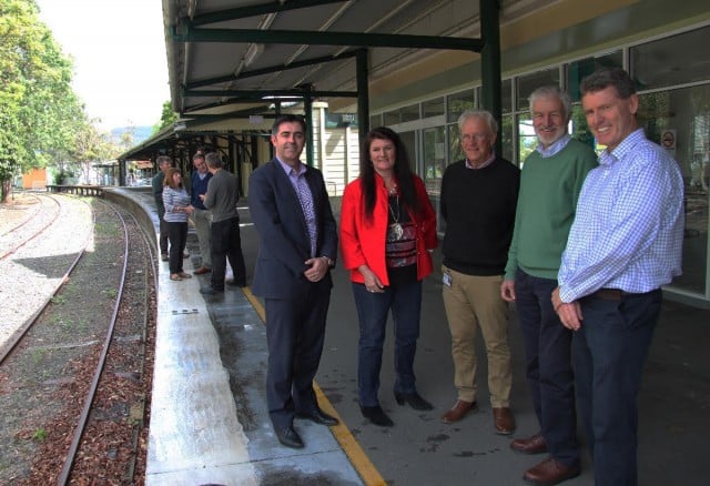 A meeting at the Murwillumbah railway station was held to ramp up the rail-trail campaign (l-r): Ben Reddin (CEO for Regional Development Australia), Tony Zuschke (president Murwillumbah Chamber of Commerce), Tweed Cr Barry Longland, Geoff Meers (secretary NRRT), and Vaughn McDonald (Richmond Valley Council). Photo supplied