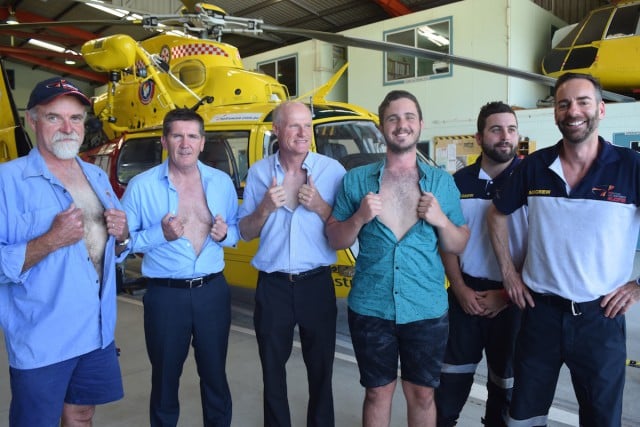 Helicopter crewman Mark Sewell, general manager Kris Beavis, Lismore Chamber of Commerce president and former crewman Andrew Gordon, former patient Sam Ivers, and crew Todd Seymour and Tom Hulse. (Darren Coyne)