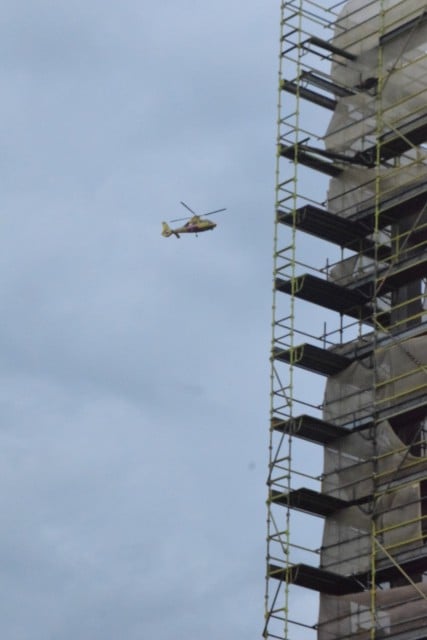 The Westpac Rescue Helicopter flew over the damaged section of the hospital, providing a bird's eye view of the damaged scaffolding. (Darren Coyne)