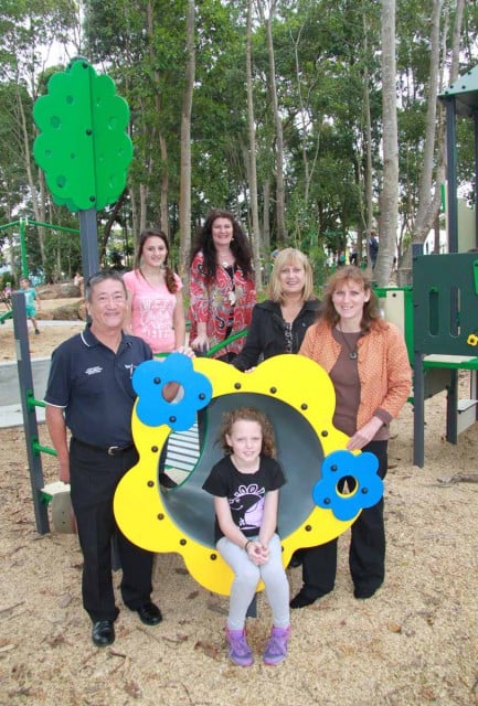 Celebrating the opening of the Knox Park adventure playground (left-to-right): Lions Club of Murwillumbah president Richard Quan, Kaylah and Emma Lindh (front) who helped with the opening, Murwillumbah District Business Chamber president Toni Zuschke, Richmond MP Justine Elliot, who helped with early efforts to source funds for the project, and Tweed mayor Katie Milne. 