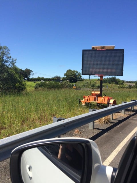 The main sign directing traffic to Newrybar and Macadamia Castle once they exit the new freeway at Lennox Head is solar powered and not on all the time. 