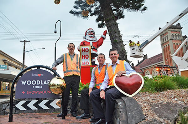 Showing off the new Christmas decorations are Council's executive committee (l-r) Executive Director Sustainable Development Brent McAlister, Executive Director Infrastructure Services Gary Murphy and General Manager Gary Murphy. (supplied)