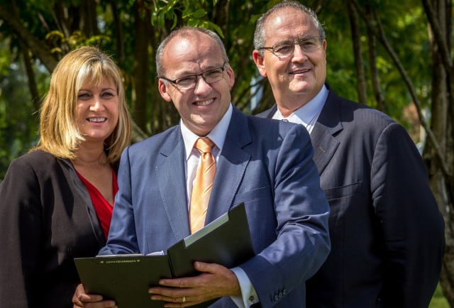 NSW opposition leader Luke Foley, centre, with Richmond MP Justine Elliot and Labor's state shadow police minister Walt Secord at the site for the new tweed-Byron police headquarters in tweed Heads. Photo supplied.