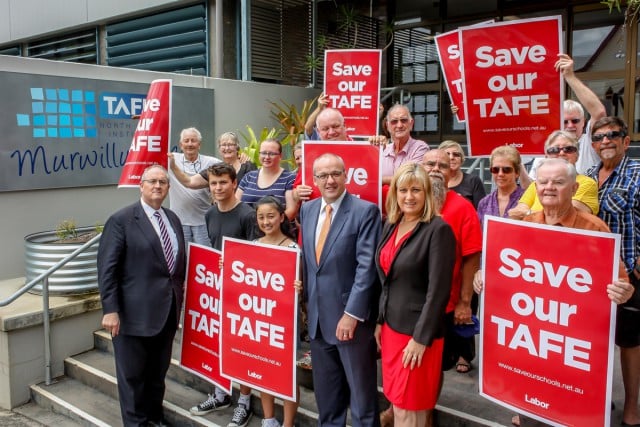 NSW Labor leader Luke Foley, Labor's shadow north coast minister_Walt Secord and Richmond MP_Justine Elliot at Murwillumbah TAFE yesterday.