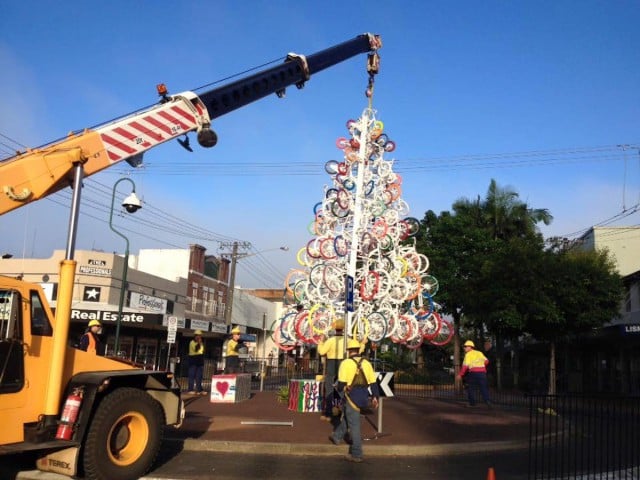 Lismore's recycled Christmas tree is placed into position. (supplied)
