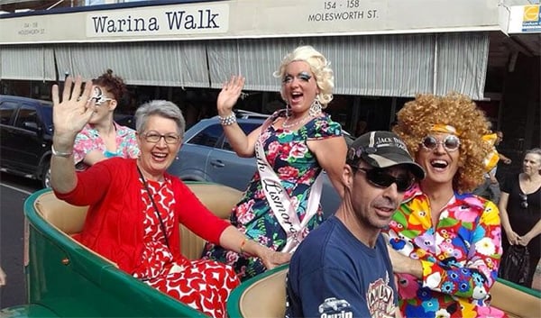 Lismore mayor Jenny Dowell takes to the annual Tropical Fruits parade in style in the company of Miss South Lismore. Photo Tropical Fruits