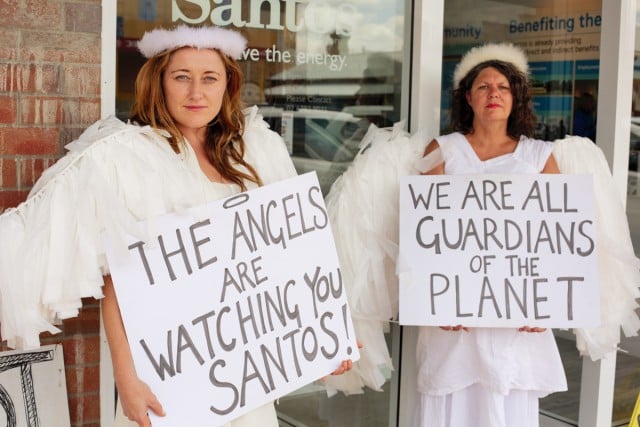 These two Lismore Angels supported environment minister Greg Hunt's cousin Jen Hunt, who mounted a sit-in at Santos Pilliga CSG wastewater facility today (Monday January 25). Photo contributed