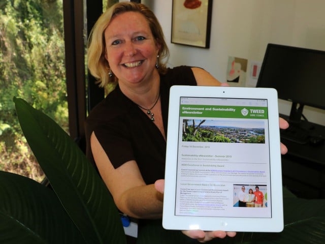 Tweed Shire Council's acting director community and natural resources, Jane Lofthouse, takes a look at the new Sustainability E-Newsletter that can be subscribed to or accessed online. Photo supplied 