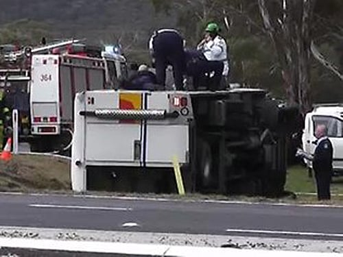 Yesterday's (Thursday, January 28) prison van rollover at Waterview, near Grafton. Photo Nine News
