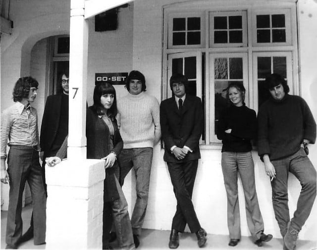 Go-Set Sydney office and staff, 1968: Philip Morris (photographer), Michael Edmonds (writer), Cleo Calvo now Clelia Adams, David Elfick, Alan Earthy (ads), Vicky Popplewell, and Greg Quill (singer and feature writer).