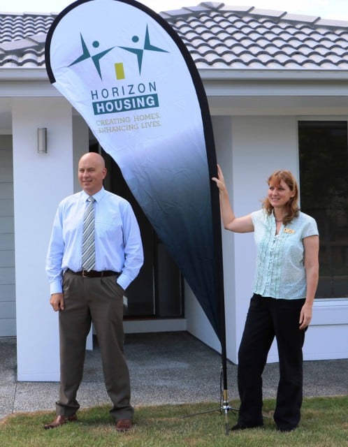 Tweed mayor Katie Milne and Horizon Housing CEO Jason Cubit launch the not-for-profit's first rental house in Murwillumbah. Photo contributed