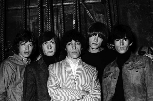 The Rolling Stones (Jagger, Watts, Wyman, Jones, Richard) backstage at The Palais in Melbourne, 1966, by Go-Set photographer Colin Beard.