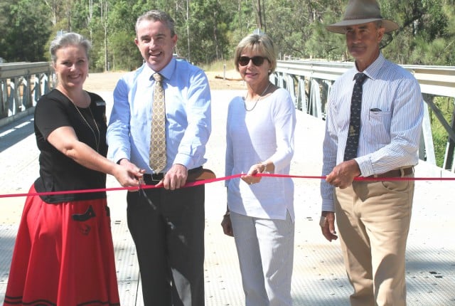 Building bridges. L to R: Kyogle mayor Dannielle Mulholland, Page MP Kevin Hogan, Kyogle councillors Maggie Creedy and Lindsay Passfiled on the newly reopened Minneys Bridge.