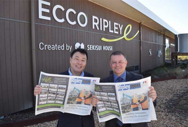 Tory Abe, Sekisui House’s CEO and managing director development and communities and Neil Monaghan, CEO of Australian Regional Media with Ripley Today. Photo NewspaperWorks