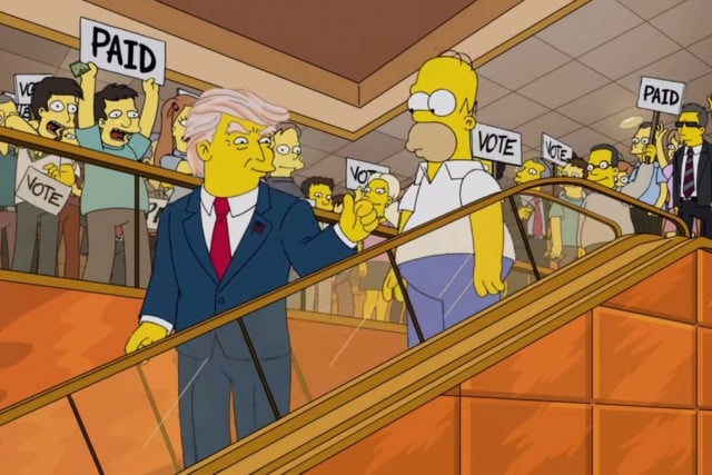 The Simpsons cartoon series took up the claim that Donald Trump paid people to seem like supporters during his speech announcing his intentions to run for president.