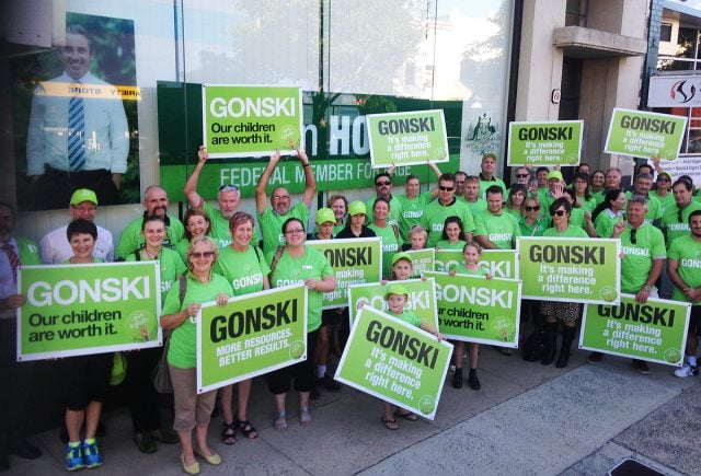 Teachers, parents and students calling for continuing Gonski education funding outside Page MP Kevin Hogan's Lismore office on April 6. Photo contributed