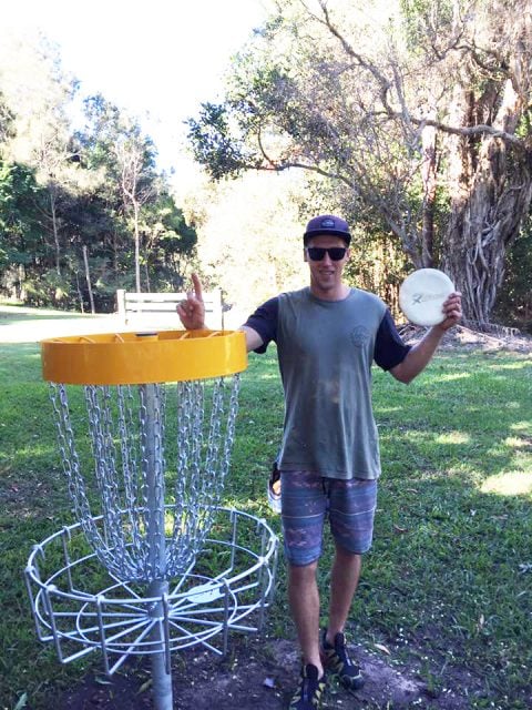 Hole in one: demonstrating the innovative disc-golf 'hole'. Photo Northern Rivers Disc Golf/ Facebook